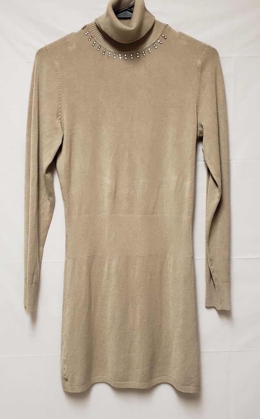 LouLou Women's Stud  Embellished Turtle Neck Knit Sweater Dress Taupe Sz M POE